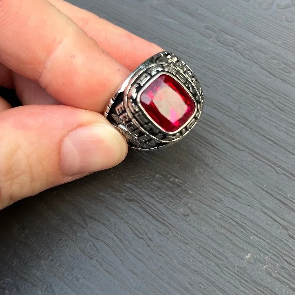 Vintage Eagles Jefferson High School Class Ring Red Stone Silver Tone Size 10